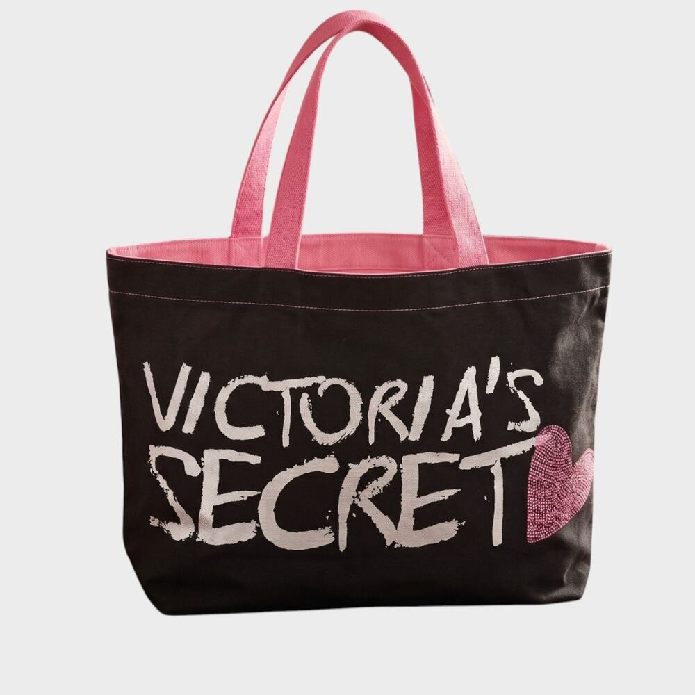 Victoria's Secret Tote Bag 12" x 20" x 5" Black White Pink Canvas